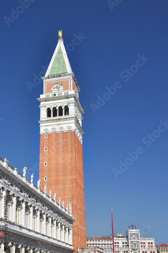 The Campanile or bell tower of St Marks. This tower is the tallest building in Venice. The tower offers spectacular view of Venice. © efaah0
