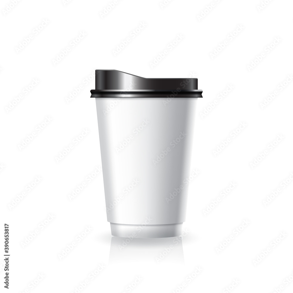 Blank white paper-plastic coffee-tea cup with black lid in medium size mockup template. Blank white paper-plastic coffee-tea cup with black lid in medium size mockup template.