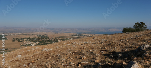View of Hula Valley with Rosh Pina town and the Galan Heights in the east, Mount Hermom in the north and Lake Kinneret in the south as seen from Mount Canaan slopes, Upper Galilee, Israel. 