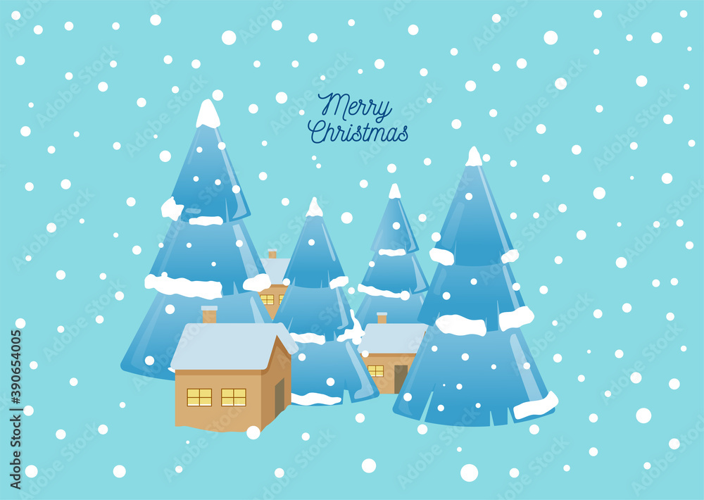 Illustration of a Winter landscape with snow-covered trees and houses. Vector illustration for a Christmas greeting card. Text can be added and replacedм