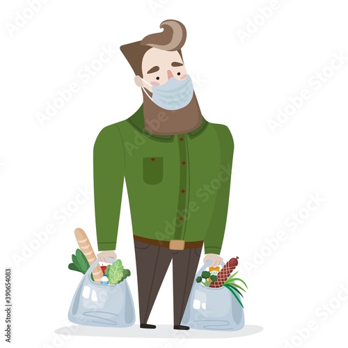 Isolated vector illustration character a man with a beard holds packages with food in his arm. Image for print and digital use in cartoon light style.