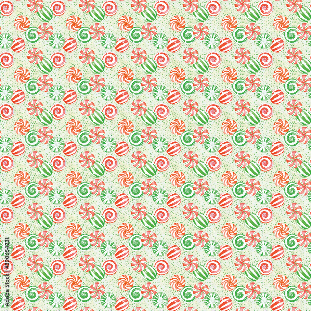 Watercolor Christmas lollipops seamless pattern, holiday candy background. Print for fabrics, wrapping paper, textile design