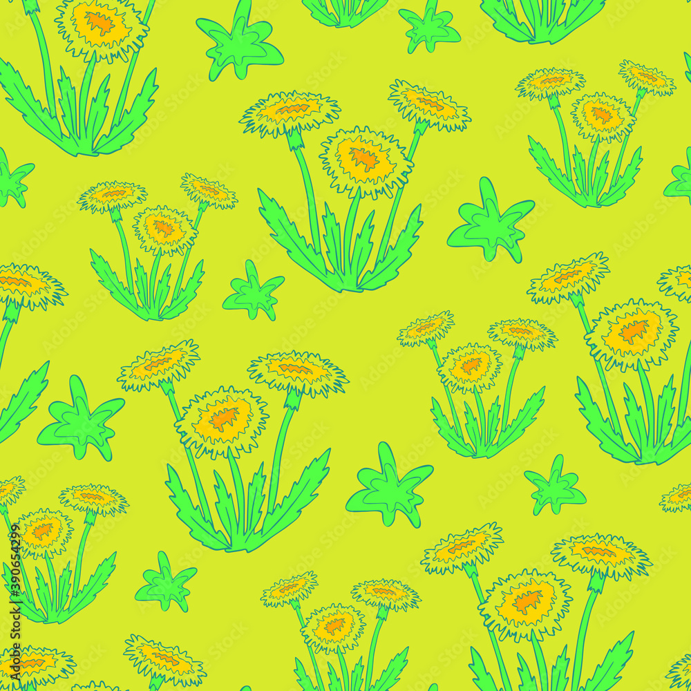 Obraz premium Seamless vector pattern with dandelions on yellow background. Simple floral wallpaper design. Flower meadow fashion textile.