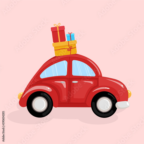 Winter Christmas and New Year red car with gifts. Vector illustration for the winter holiday. Symbol, sign and sticker concept. Cartoon style isolated