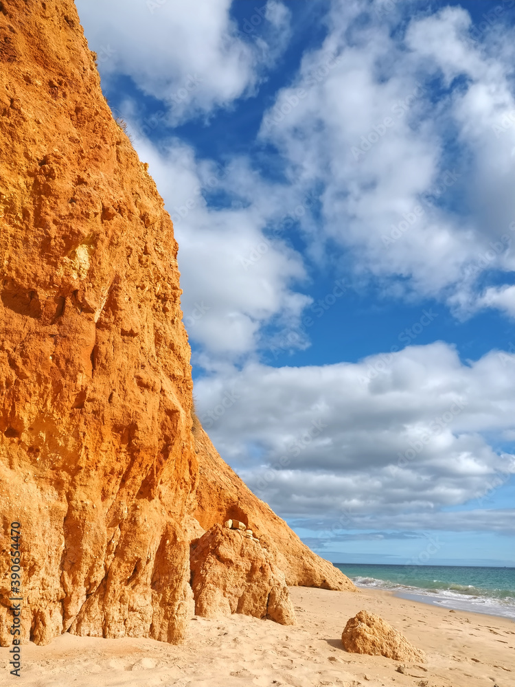 Beautiful Algarve beach with red cliffs, Olhos de Agua, Albufeira