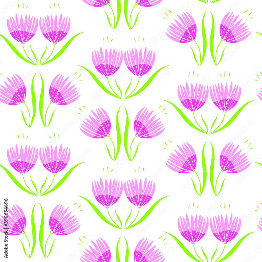 Seamless vector pattern with pink flowers on white background. Simple romantic floral wallpaper design. Botanical fashion textile.