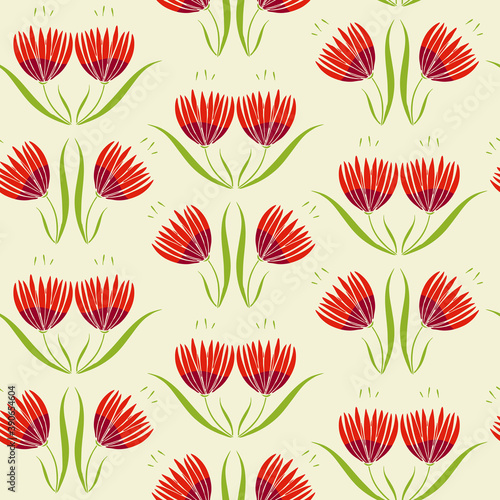 Seamless vector pattern with red flowers on pink background. Simple floral wallpaper design with abstract lily's. Gentle peony fashion textile.