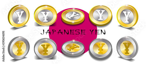 Set of two sample types of 3d bimetallic coins with round gradient, shadows and bright glares. Golden and silver money sign of the Japan, yen. EPS10