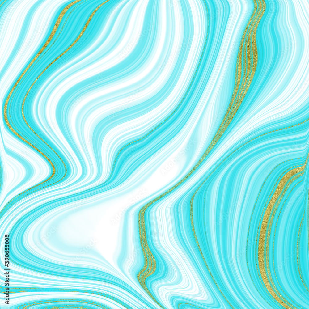 abstract blue, white and golden background with waves, liquid marble