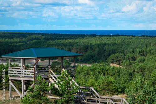 observation deck in a coniferous forest on the dunes of the Curonian Spit  side view