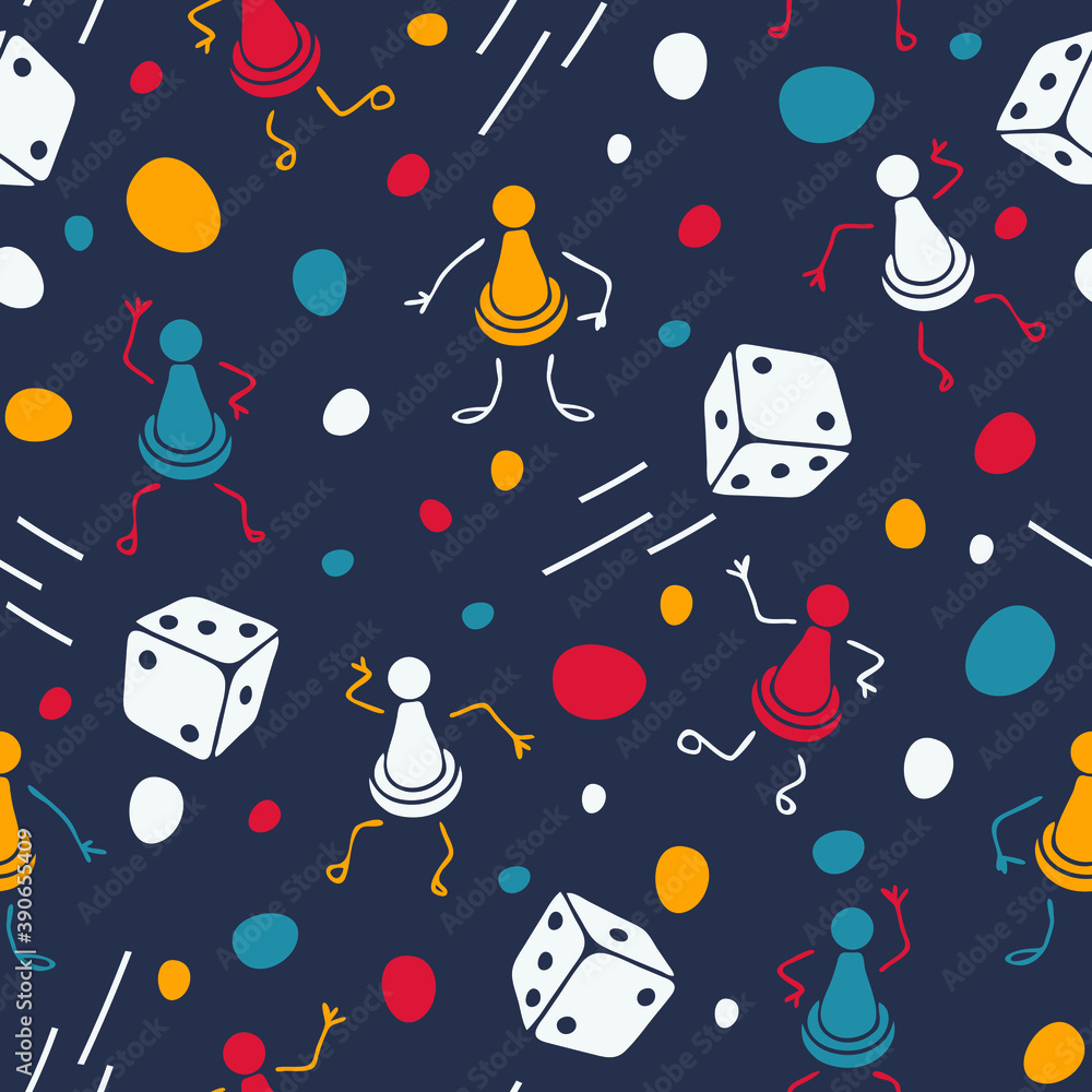 Seamless vector pattern with board game pieces on blue background. Simple cartoon decorative wallpaper design. Family leisure fashion textile. Seamless vector pattern with board game pieces on blue background. Simple cartoon decorative wallpaper design. Family leisure fashion textile.