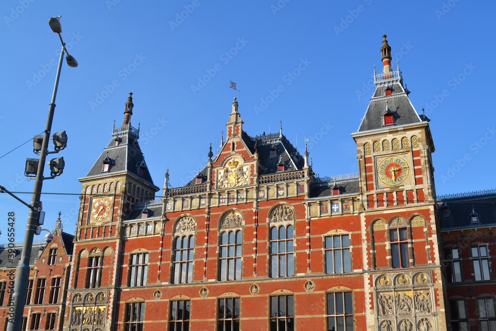 Central railway station building in Amsterdam city, The Netherlands.