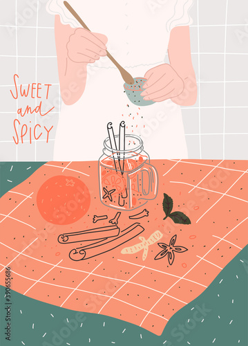 Woman making hot winter tea with fruits and spices. Human hands. Home receipts