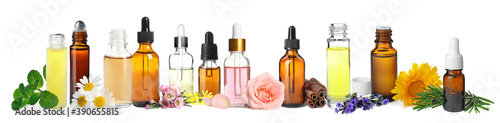Set of different essential oils used in aromatherapy on white background, banner design photo