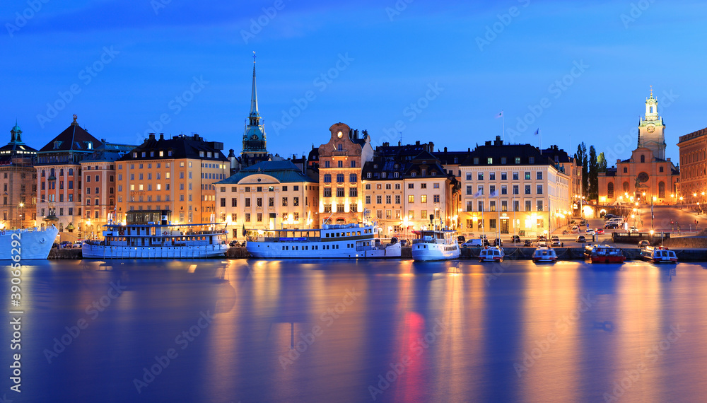 Stockholm's Old Town (Gamla Stan) reflected into the lake at dusk, Sweden 