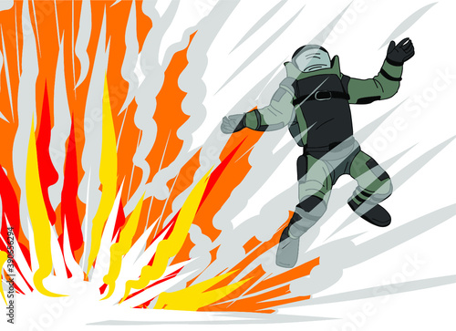 Hand drawn a bomb suit must protect all parts of the body, Soldier in bomb suit with fire bomb cartoon vector