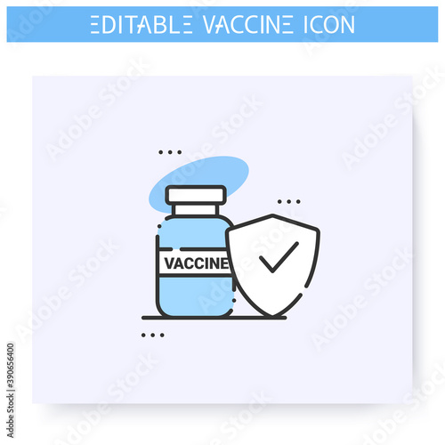 Safe vaccine line icon.Successfully trialed and approved vaccine.Cure search, vaccine development.Stop coronavirus pandemic.Fight against Covid19 disease.Isolated vector illustration. Editable stroke 