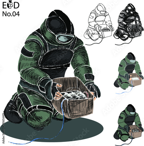 Hand drawn a bomb suit must protect all parts of the body, Soldier in bomb suit with fire bomb cartoon vector