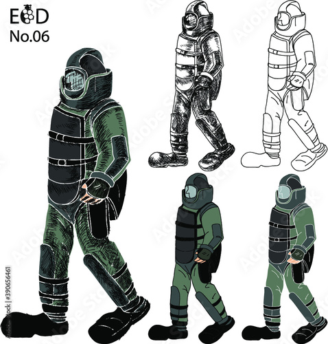 Hand drawn a bomb suit must protect all parts of the body, Soldier in bomb suit with fire bomb cartoon vector