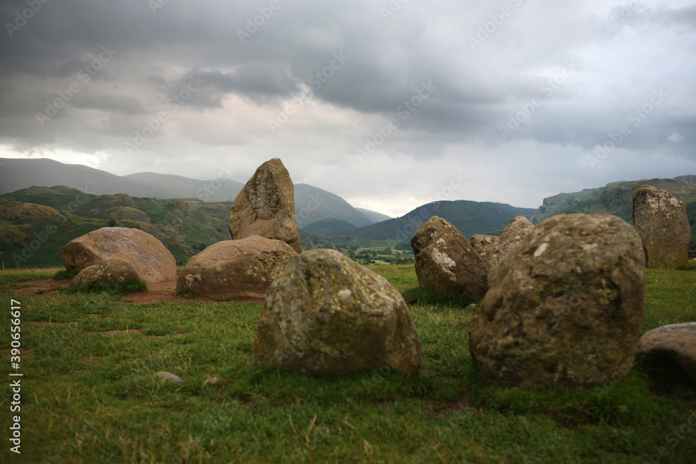 Castlerigg Stone Circle near Keswick, Cumbria, England, UK, on a stormy evening. The famous Neolithic monument is owned by English Heritage, and is freely open to the public