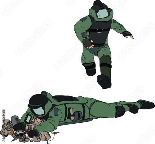 Hand drawn a bomb suit must protect all parts of the body, Soldier in bomb suit with fire bomb cartoon vector