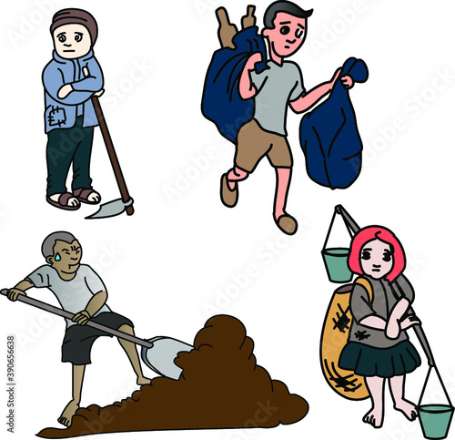 Hand drawn child poverty vector illustration.child beggar vector,sad child beggar,stop child labour