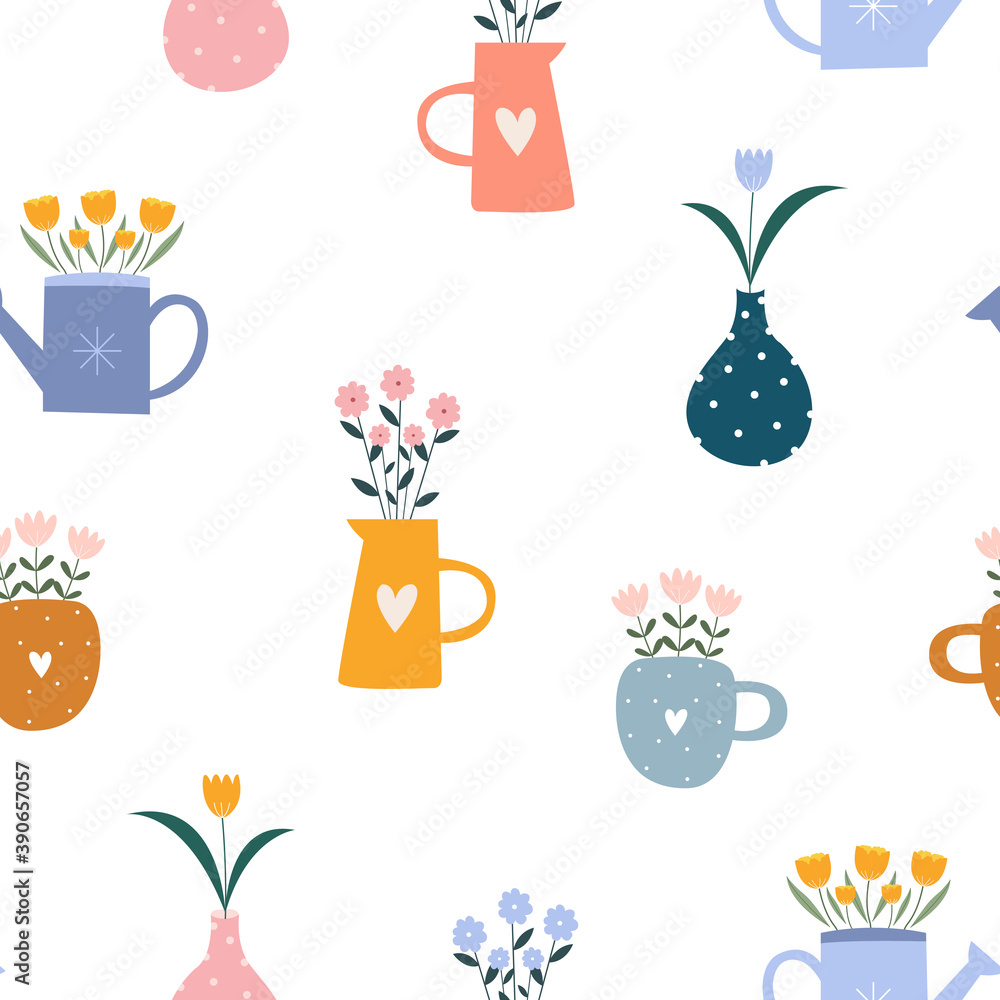 Seamless pattern A vase with a flower pot on a white background Hand drawn design in cartoon style, use for print, wallpaper, home decoration. Vector illustration Seamless pattern A vase with a flower pot on a white background Hand drawn design in cartoon style, use for print, wallpaper, home decoration. Vector illustration