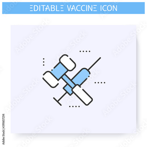 Vaccination law line icon.Stop mandatory vaccination. Judge gavel and syringe.Legal requirements of vaccine development. Pandemic fight, covid19 vaccine. Isolated vector illustration. Editable stroke 