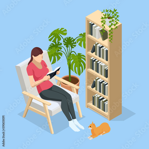 Isometric woman sitting in a chair at home and reading a book. Knowledge, learning and education concept