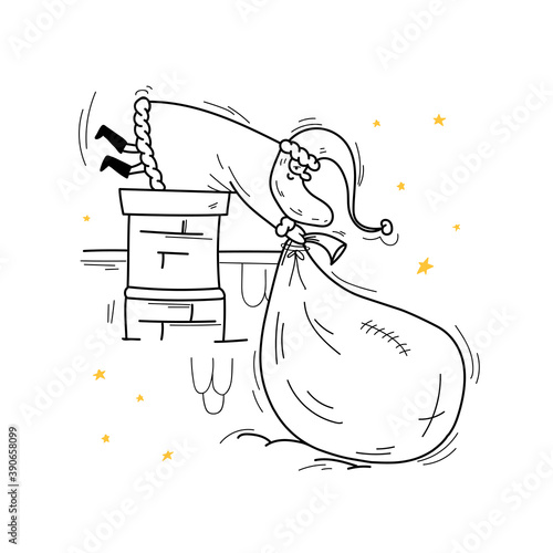 Doodle Santa climbs down the chimney. Santa Claus drags a large heavy bag of gifts into the brick chimney and dangles his legs. Vector stock illustration isolated on white background.