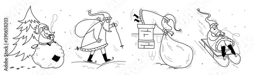 Christmas set of Santa sketches. Doodle Santa Claus rolls down in his sleigh, goes skiing, drags a bag of gifts down the chimney, sits on a bag of gifts and drinks hot tea. Vector stock illustration.
