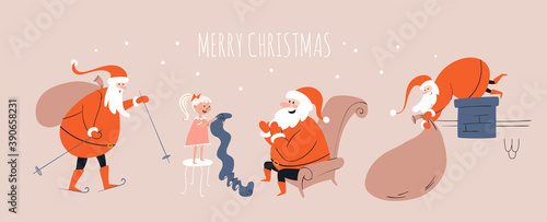 Hand drawn set Merry Christmas. Santa climbs down the chimney, goes skiing with ski poles and a bag of gifts. Christmas Adventure vector stock illustration.