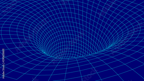 Futuristic blue funnel. Wireframe space travel tunnel. Abstract blue wormhole with surface warp. Vector illustration.