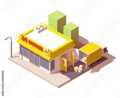 Goods delivery to shop or store by truck. Vector isometric icon