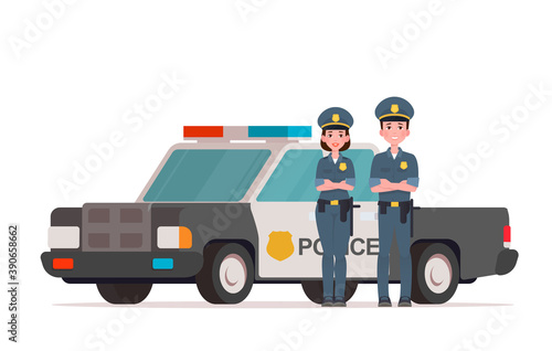 Police officers team stand near a police car. Vector illustration in a flat style