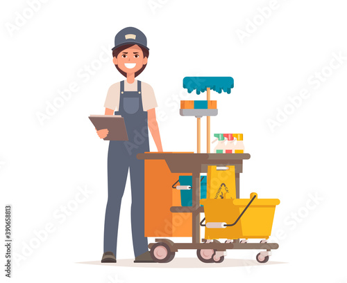 Professional woman cleaner with cleaning cart. Flat vector illustration isolated on white background