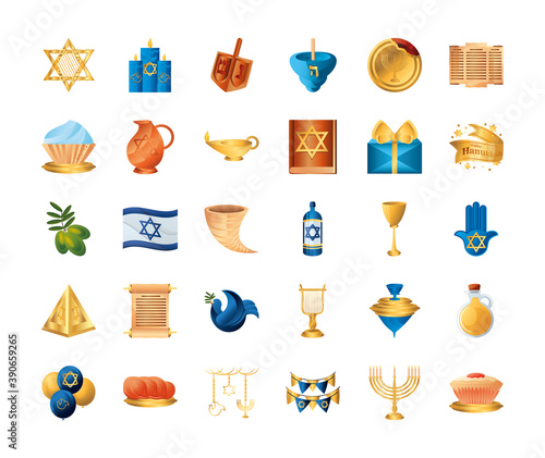 hanukkah, set icons celebration judaism event, flat style