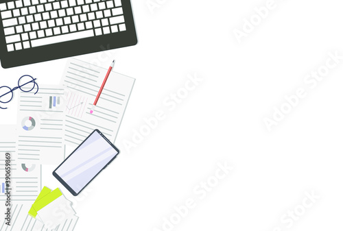 Workplace, office table, top view. White background, computer keyboard, glasses, graph, diagram, pencil, telephone, isolated. Vector realistic illustration, flat cartoon, eps 10.