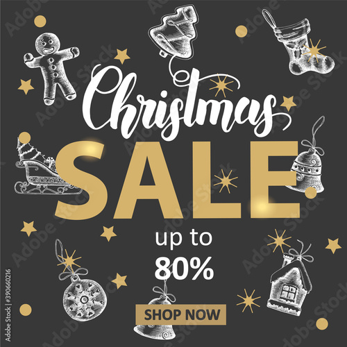 Christmas Sale banner with hand made lettering and hand drawn golden and black festive objects. Shop now. New Year. Sketch. Banner, flyer, brochure. Advertising