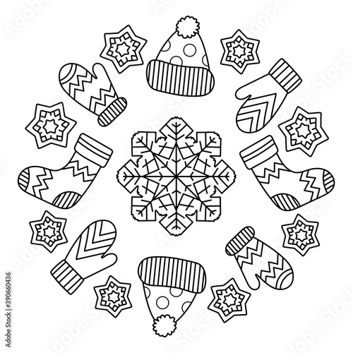 Coloring page mandala for kids. Winter coloring book with mittens, snowflakes, hat, socks. Vector illustration