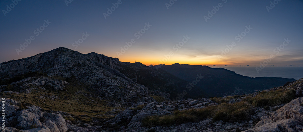 Panoramic of mountains at sunset with blue hour, sierra de tramuntana mallorca