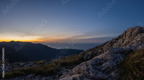Panoramic of mountains and sea in the background at sunset with blue hour, sierra de tramuntana mallorca
