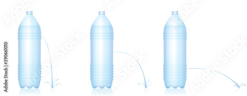 Fluid dynamics experiment. Three plastic bottles with different water jets - weak, medium, strong stream. Physical fun - Torricellis law, Bernoullis principle. Vector on white.
