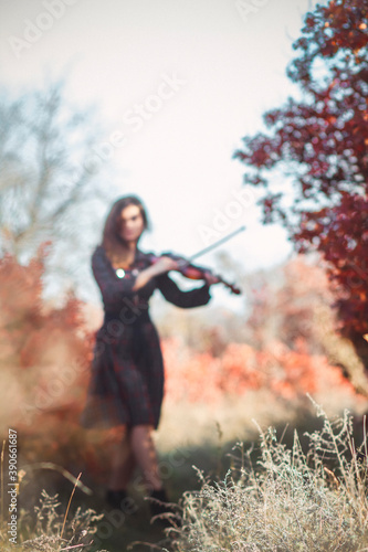 blurred young woman playing violin on a background of red foliage, romantic girl in dress playing a musical instrument in nature, musical performance outdoors, concept of hobby