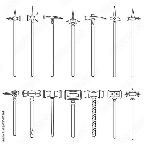 Set of simple vector images of medieval war hammers and maces drawn in art line style.