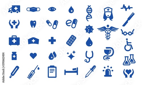 Medical icons set. Collection of 34 icons. Hospital symbols. Icons for website design. Medical designations, stickers set