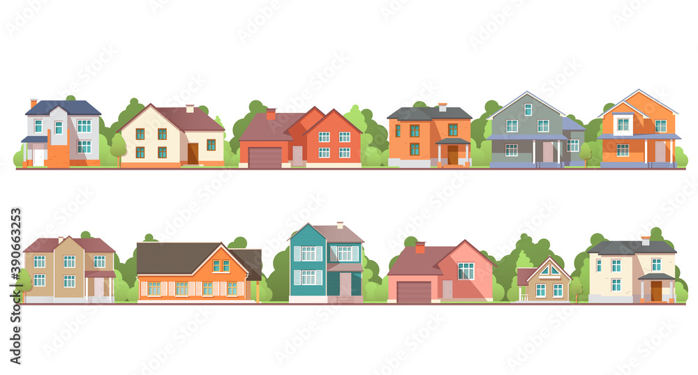 Vector flat residential houses. Front view with roof. Isolated on white background