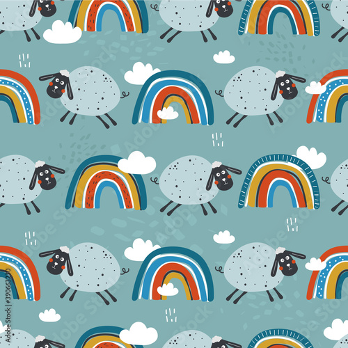 Happy sheeps  hand drawn backdrop. Colorful seamless pattern with animals  sky. Decorative cute wallpaper  good for printing. Overlapping background vector