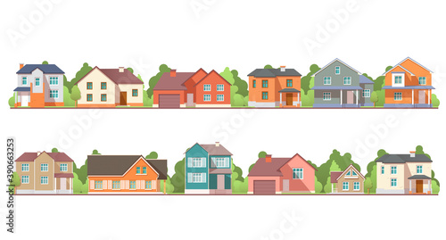 Vector flat residential houses. Front view with roof. Isolated on white background