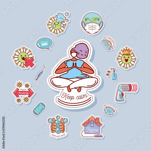 coronavirus covid 19 icons set, safety measures and precautions sticker icon